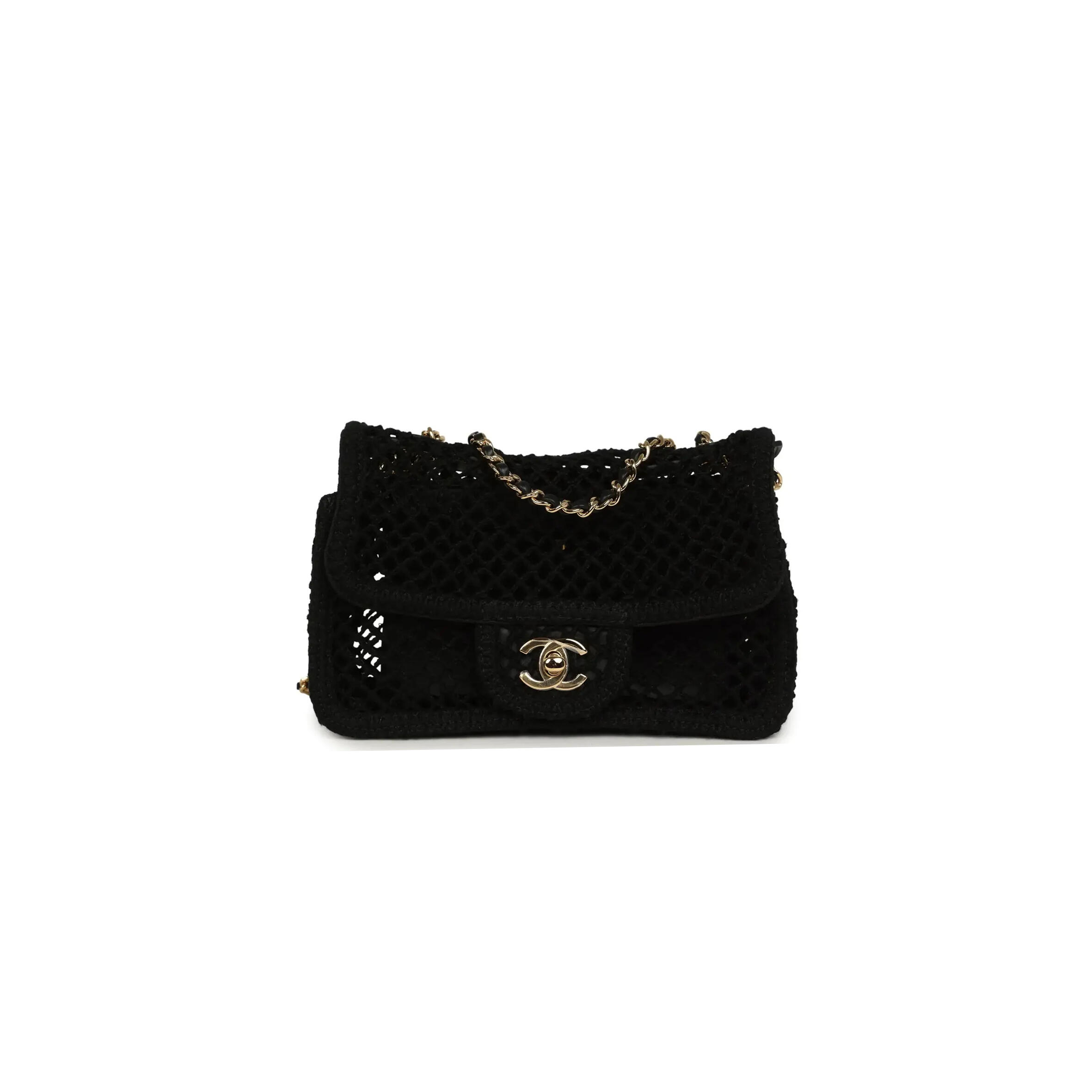 CHANEL SMALL COCO BEACH CROCHET FLAP BAG BLACK MESH GOLD HARDWARE AS6157 (21*14*6cm)